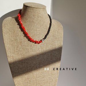 New red coral stone with black lava stone and 925 sterling silver necklace